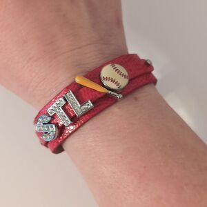 786 Red Brand Silver Rhinestones STL with Baseball Bat and Ball Charms‎ Bracelet